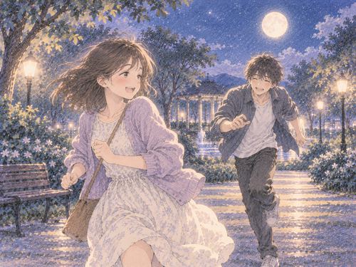 夜の公園で好きな人と笑って追いかけ合う女性