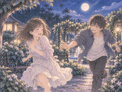 夜の庭で恋人と追う側を交代する女性