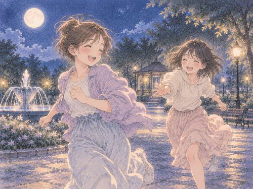 夜の広場で友達と元気に鬼ごっこする女性