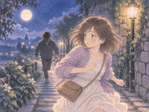 夜の道で顔のはっきりしない相手と鬼ごっこする女性