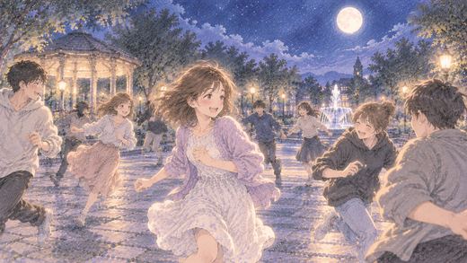 月夜の広場で大勢と鬼ごっこする女性