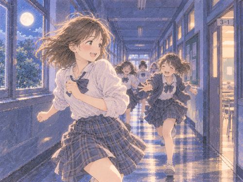 夜の学校の廊下で鬼ごっこする女性