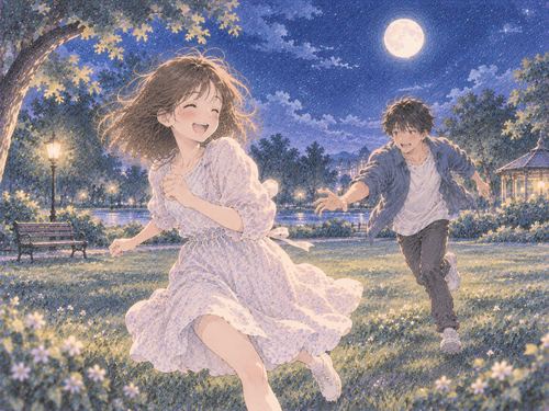 月明かりの公園でのびのび鬼ごっこする女性