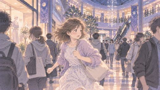夜のショッピングモールで人混みを走る女性