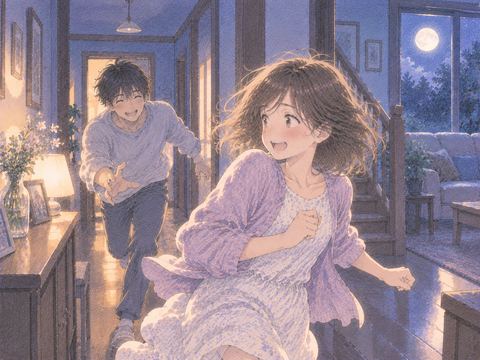月明かりの家の中で鬼ごっこする女性