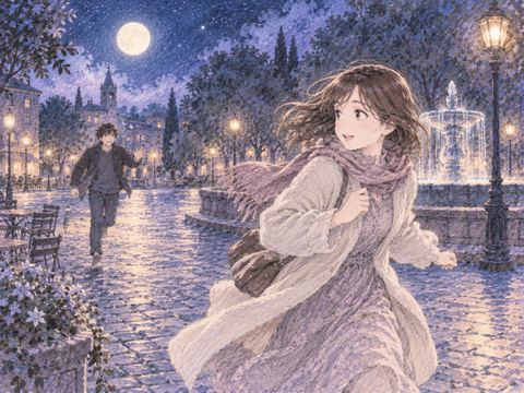 夜の広場で鬼役から逃げる女性