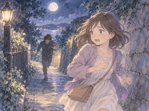 薄暗い道で鬼役に追われる女性
