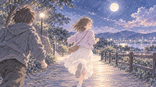 月明かりの出口へ走り抜ける女性