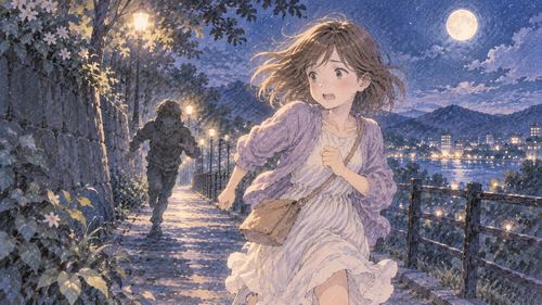 夜の長い道を必死に走る女性