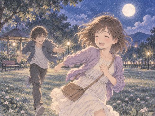 月夜の広場で笑って鬼ごっこする二人