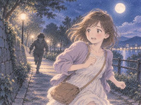 夜道を不安そうに振り返りながら逃げる女性