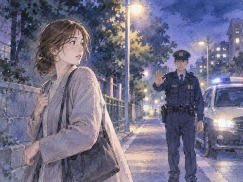 夜道で警察官に呼び止められて立ち止まる人物