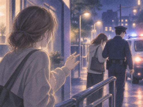 警察官に連れられる友達を心配そうに見つめる人物