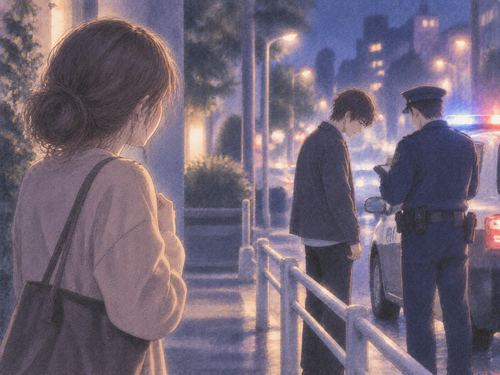 警察官のそばにいる男性を不安そうに見つめる女性