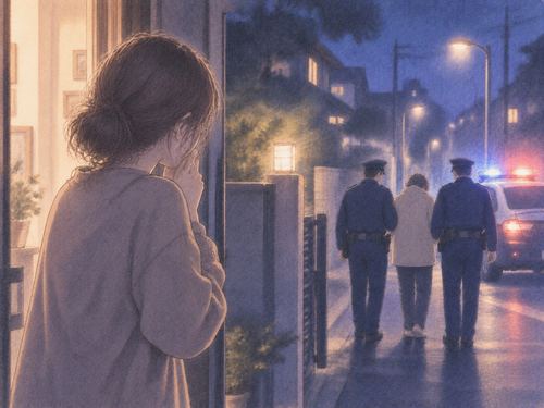 警察官と歩く家族を心細そうに見送る人物