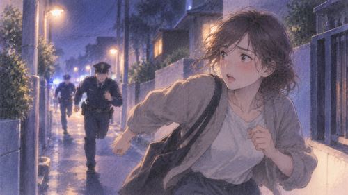 夜道を走る人物を後ろから警察官が追う場面
