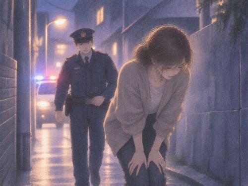 逃げた先で警察官に追いつかれ立ち止まる人物