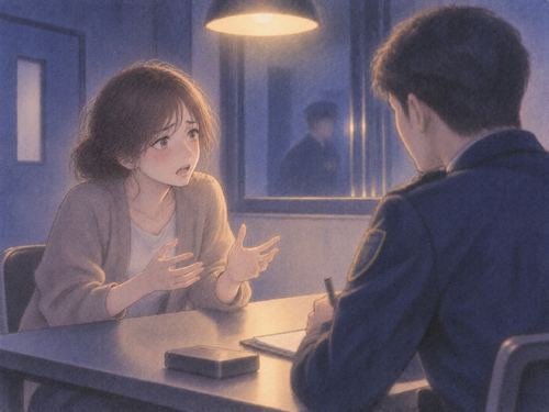 机を挟んで警察官に説明する人物