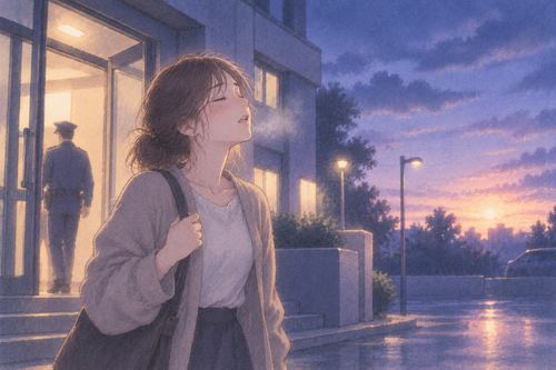 夜明け前の外へ出てほっとする人物
