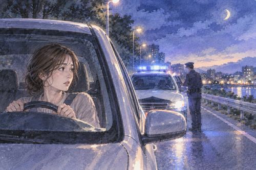 夜の道路でパトカーに止められた車