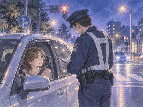夜の交差点で警察官に止められた車
