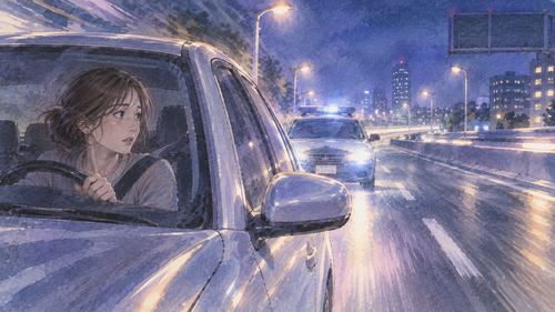 夜道を走る車の後ろにパトカーの光が見える場面