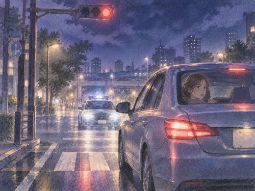 赤信号の交差点を進んだ車と後方のパトカー