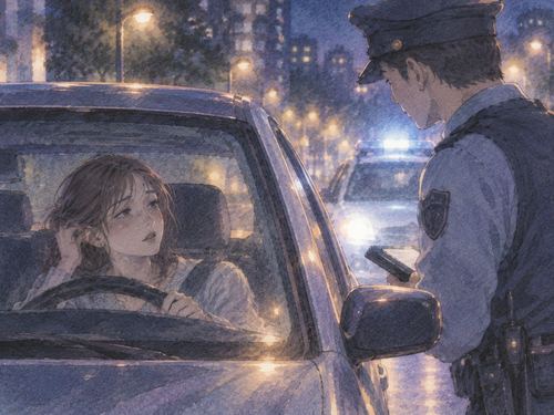 夜の車内でぼんやりした表情の運転者と路肩の警察官