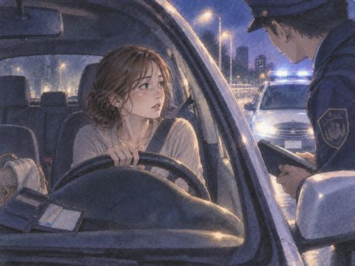 夜の車内で不安そうに警察官を見る運転者