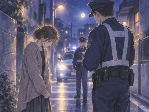 夜の路地で警察官の前にうつむいて立つ人物