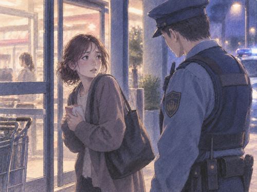 店の出口で小さな品物を持ち警察官に呼び止められる人物