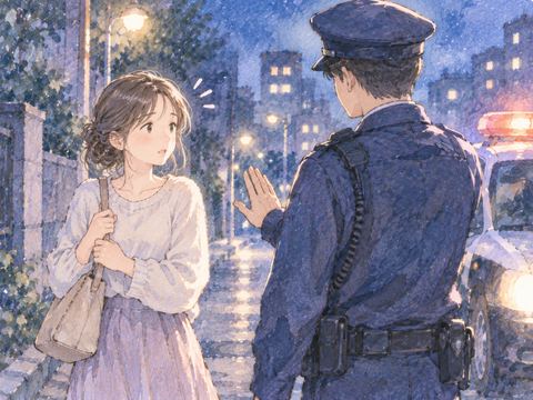 夜道で警察官に呼び止められ立ち止まる女性