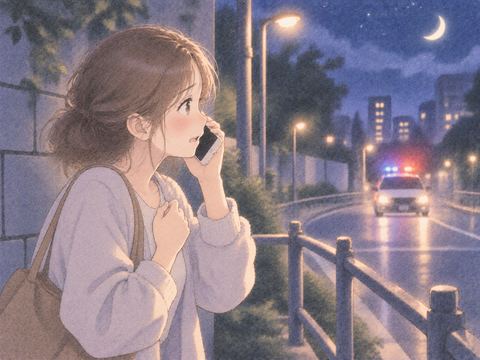 夜道で通報し遠くのパトカーを見る女性