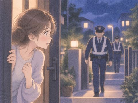 夜の玄関先へ近づいてくる警察官を見る女性