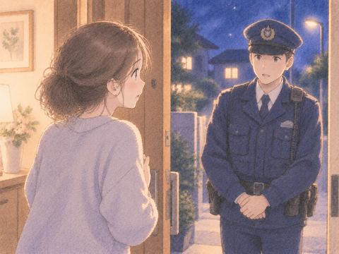 夜の自宅玄関で警察官と向き合う女性