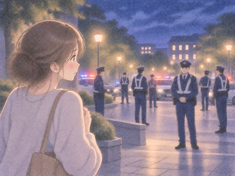 広場に並ぶ複数の警察官を見つめる女性