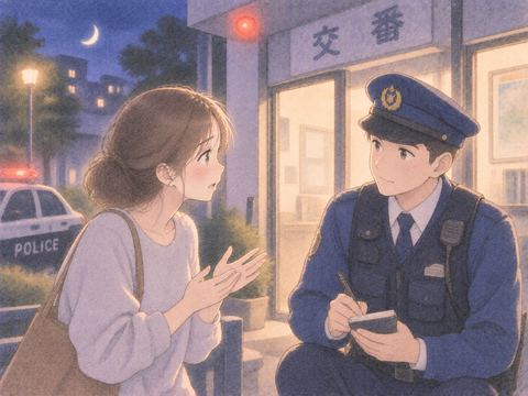 夜の交番前で警察官と話す女性