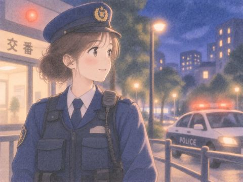 警察官の制服姿で夜の街に立つ女性