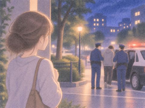 警察官が人物を確保し遠くから女性が見守る場面