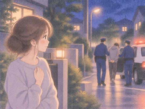 警察官に確保された泥棒を見て安心する女性