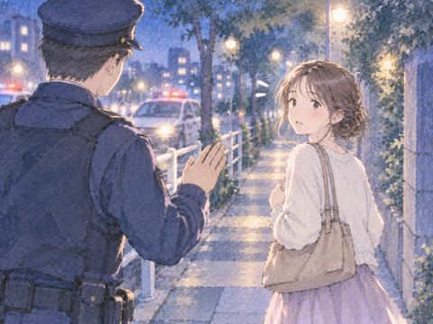 夜の歩道で警察官に呼び止められる女性
