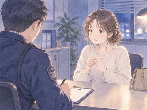 机を挟んで警察官と話す女性