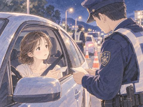 夜道の検問で警察官と向き合う女性