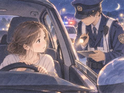 夜の車内で警察官の合図を受け停車した女性