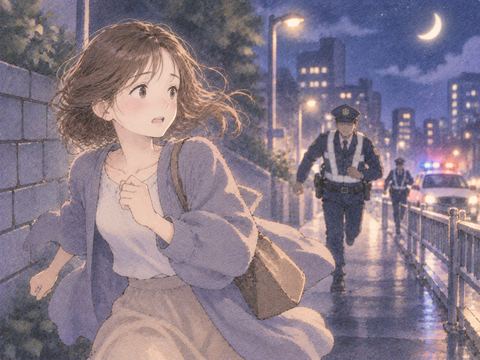 夜道を走る女性と遠くから追う警察官