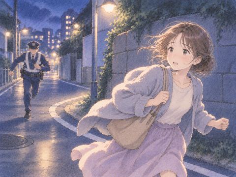 警察官から離れるように夜道を走る女性