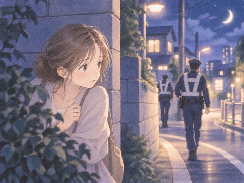 建物の陰から警察官の様子を見る女性