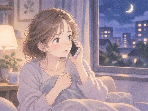 夜の部屋で警察へ電話をかける女性