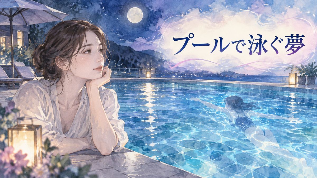 月明かりの夜のプールを見つめる大人の女性と水面を泳ぐ夢の情景