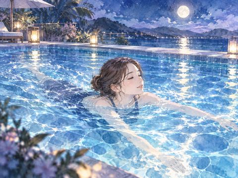 月明かりのプールを気持ちよさそうに泳ぐ女性